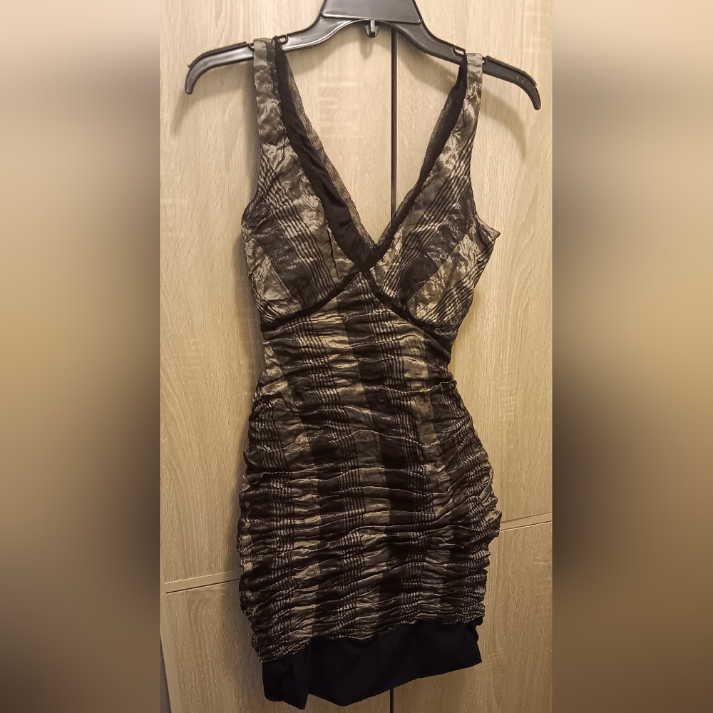 Chic Black and Tan Ruched Mini Dress